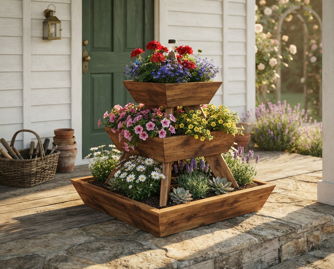 3-Tier Pyramid Wood Planter 36 Inch — Filler, Spiller, Thriller. The Cascade Your Patio Needs.
