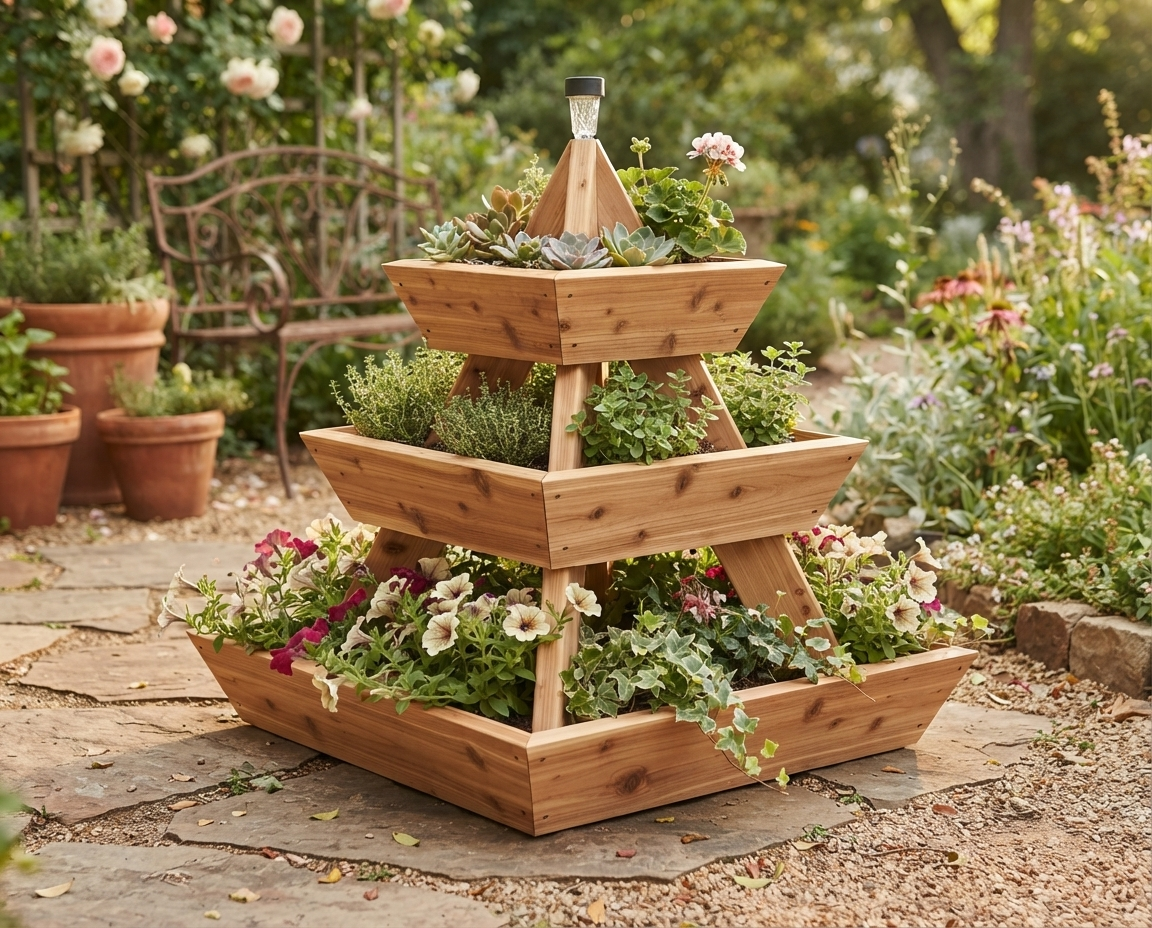 3-Tier Pyramid Wood Planter 36 Inch — Filler, Spiller, Thriller. The Cascade Your Patio Needs.