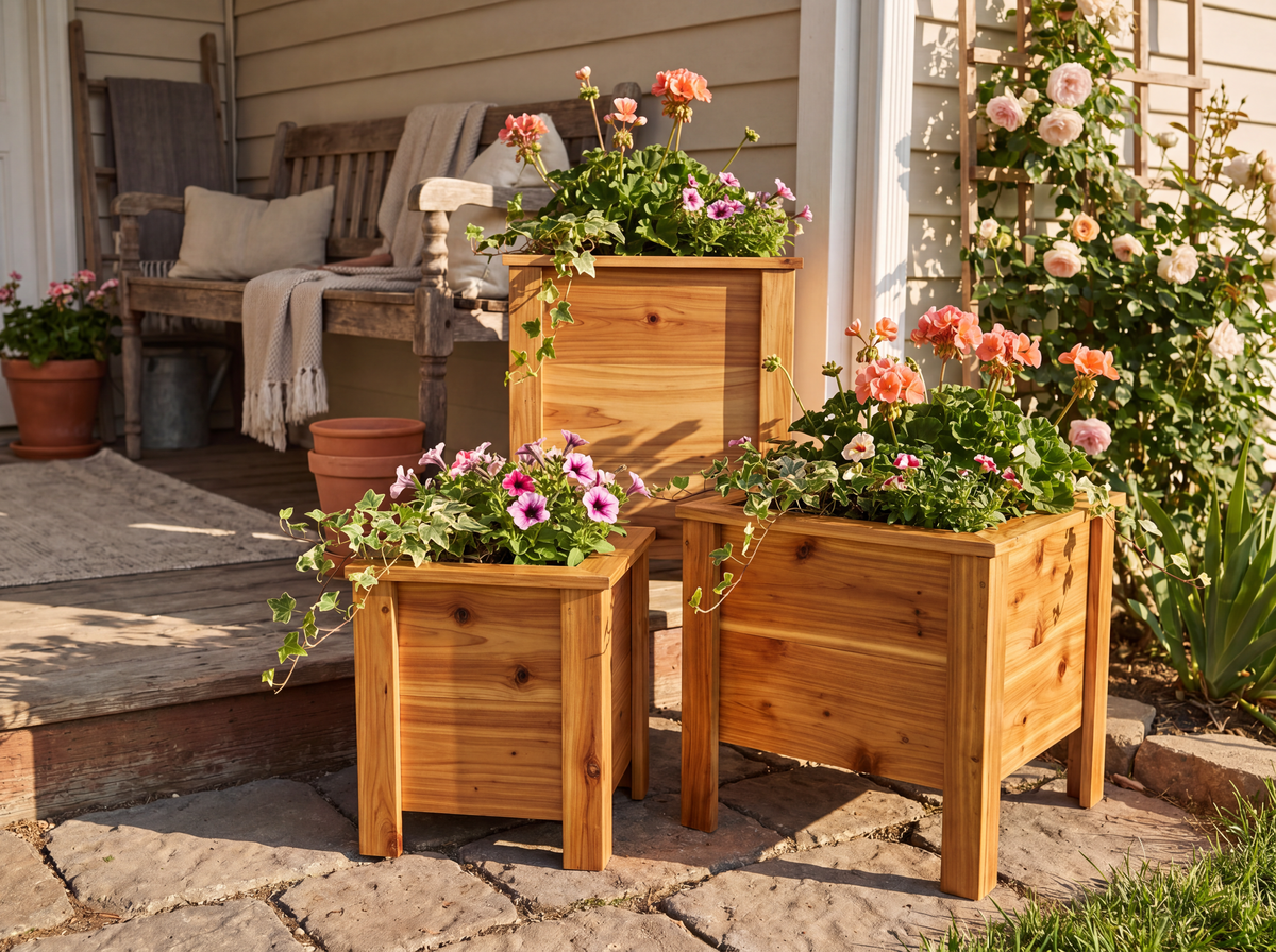 Cedar Planter Set of 3 — Tiered Graduated Sizes for a Designer Porch Display. Instant Curb Appeal.