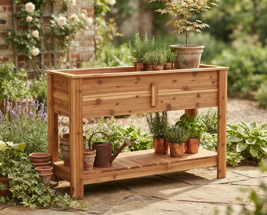 Elevated Cedar Planter With Shelf 48 Inch — No More Bending. Garden at Standing Height.
