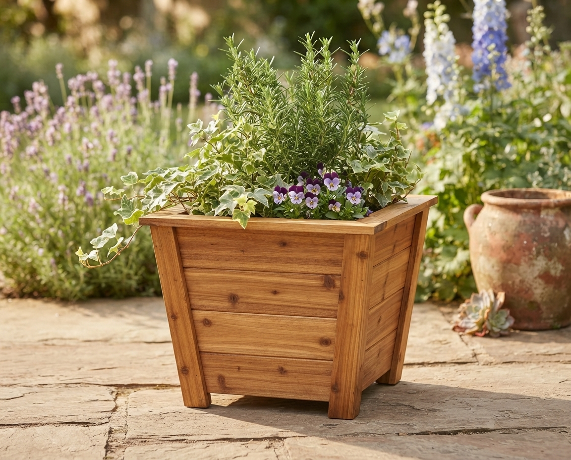 Tapered Cedar Side Table Planter 16 Inch — Your Drink on Top, Flowers in the Sides. Yes, Both.