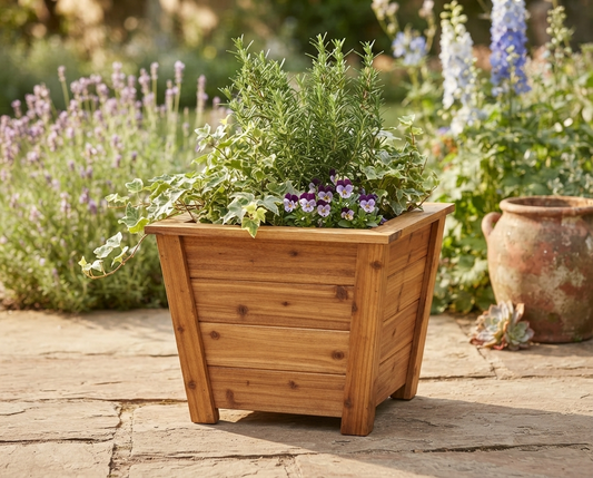 Tapered Cedar Side Table Planter 16 Inch — Your Drink on Top, Flowers in the Sides. Yes, Both.